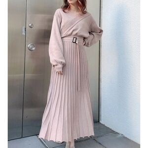 Knit Pleated Belted Maxi Dress - Blush